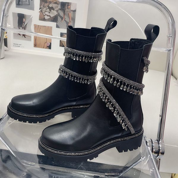 

rhinestone boots designers crystal lamp decoration elastic chelsea booties snake band winding womens shoes thick bottom motorcycle combat bo, Black