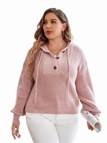 

plus size t-shirt plus drop shoulder drawstring hooded sweater k4rd#, Black