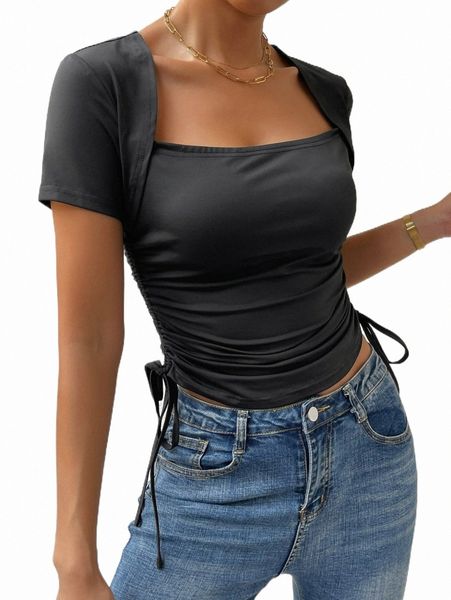 

women's t-shirt square neck drawstring side tee v5cp#, White