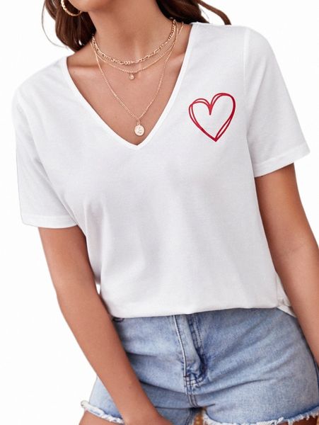 

women's t-shirt heart print v neck tee 2022 new z7vp#, White
