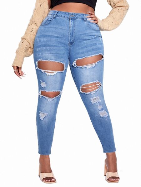 

women's jeans sxy plus high waist cut out ripped mom fit jeans m8wp#, Blue
