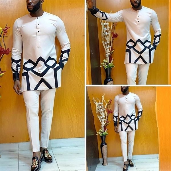 

men's tracksuits set man 2 pieces wedding prom dashiki outfit printed long sleeve shirt white trouser suits for 2 220926, Gray