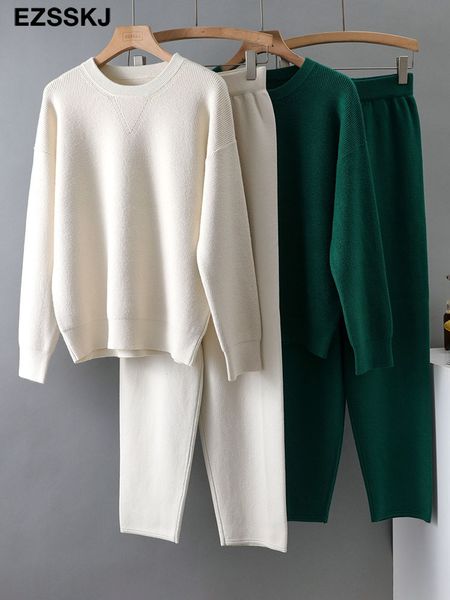 

women's two piece pants ezsskj 2 pieces sweater set women tracksuit o-neck sweater loose trousers chic pullover sweater knitted carrot, White