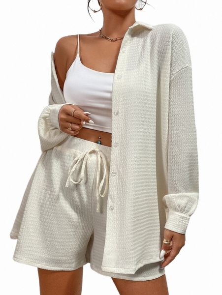 

two piece dress drop shoulder shirt & tie front shorts x7dt#, White