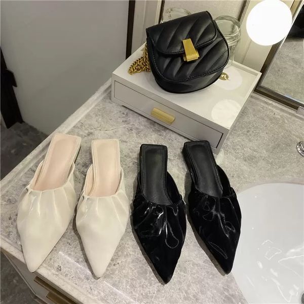 

women mules pleated sandals leather slippers woman shoes flats flip flops designers fashion slides pointed toe summer, Black