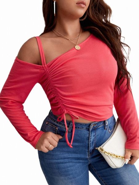 

plus size t-shirt plus asymmetrical neck drawstring ruched side tee 76q0#, Black