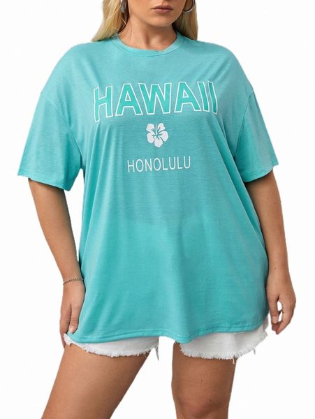 

plus size t-shirt plus letter & floral print drop shoulder tee 67yd#, Black