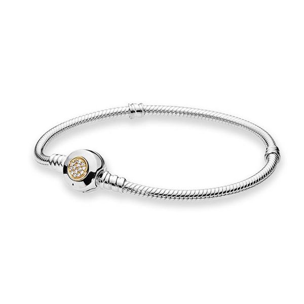 

yellow gold plated clasp charm bracelet women men 925 sterling silver party jewelry set original box for pandroa girlfriend gift snake chain, Golden;silver