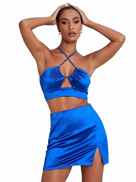 

two piece dress tie back crop halter & split hem skirt set 40ow#, White