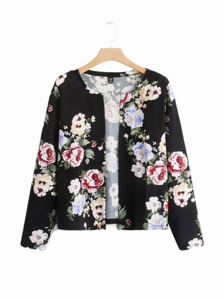

plus size outerwear & coats plus floral print open front jacket p1tk#, Black