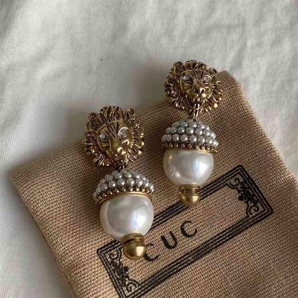 

g 2022 ucci fine jewelry women bronze lion head earrings women's net red with fashionable and versatile pearl inlaid286v, Golden