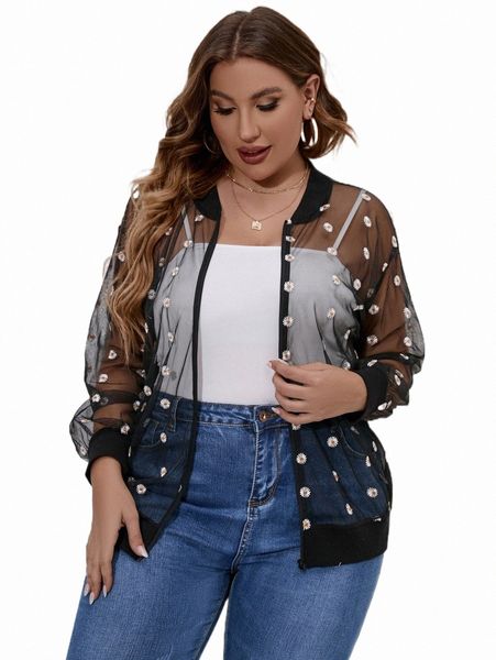 

plus size outerwear & coats plus floral embroidery mesh bomber jacket 7101#, Black