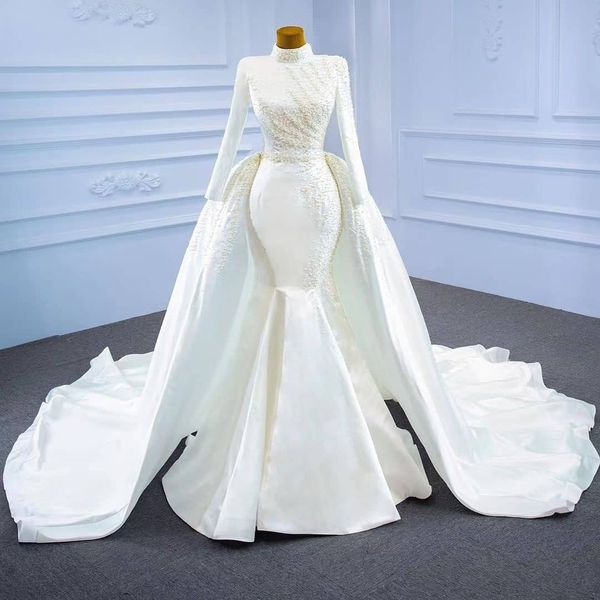 

mermaid muslim wedding dresses long sleeves bridal gowns with detachable train pearls high neck plus size satin sequined vestidos de novia, White