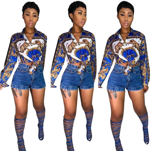 

2019 new blue printing women shirts spring summer autumn long sleeves lapel neck fashion shirt blouse with buttons club real 269k, White