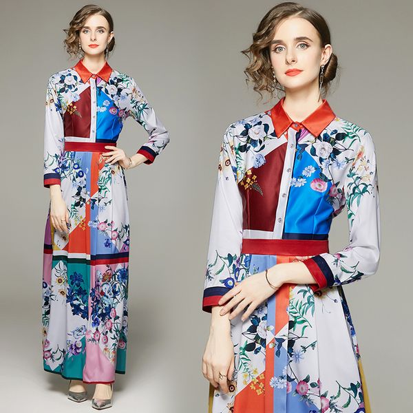 

2022 elegant print button shirt dress long sleeve lapel designer party dresses sweet chic office lady slim pleated maxi frocks spring autumn, Black;gray