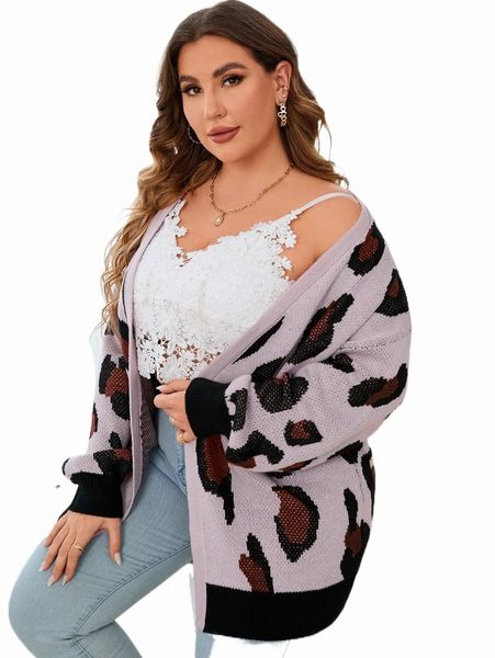 

plus size t-shirt plus leopard pattern drop shoulder cardigan g2sg#, Black