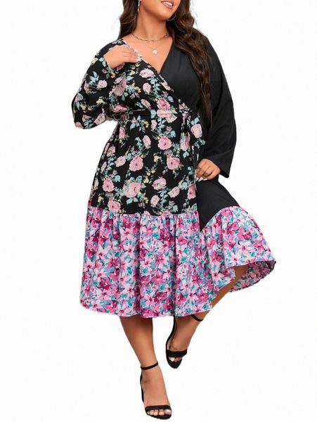 

plus size dresses plus floral print ruffle hem belted dress i2ll#, Black