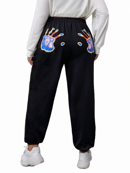 

plus size pants plus hand print slant pocket sweatpants g4c0#, Black