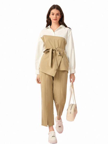 

two piece dress two tone drop shoulder belted blouse & pants e3im#, White