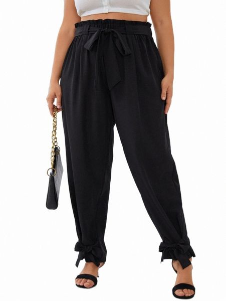 

plus size pants plus paperbag waist tie hem belted pants h4mj#, Black