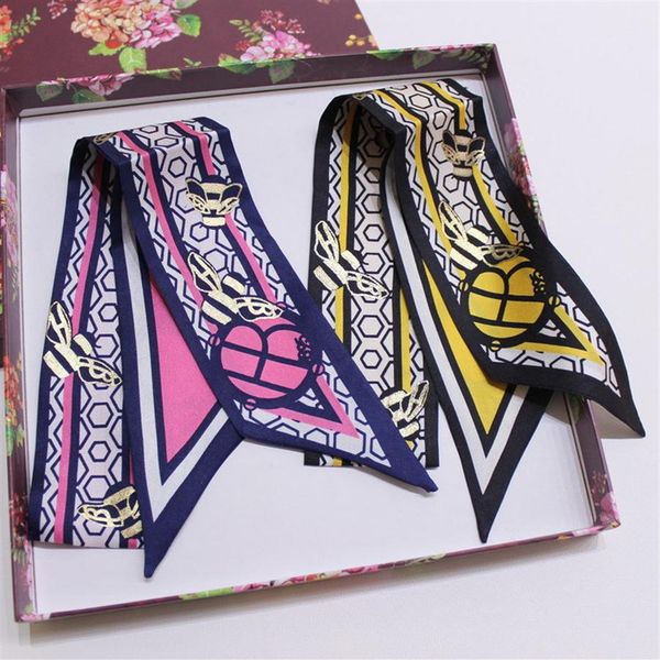 

85cm new stamping bee silk fashion temperament small ribbon wrapped around tied bag twill silk scarf hair band wild bow t253z, Blue;gray