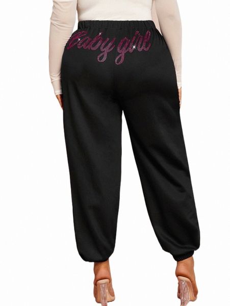 

plus size pants sxy plus rhinestone letter pattern sweatpants x93y#, Black