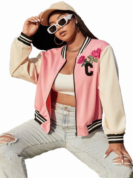 

plus size outerwear & coats plus floral print colorblock bomber jacket m5k5#, Black