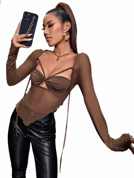 

women's t-shirt cut out twist front asymmetrical hem sheer crop i3v5#, White