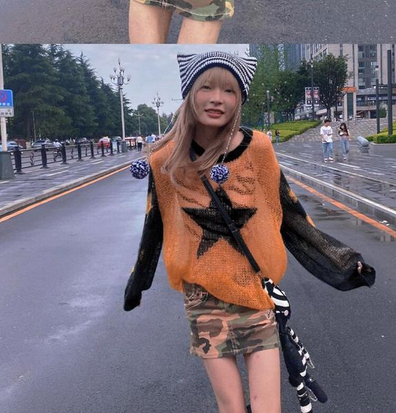 

women's sweaters hollow out star pattern full sleeves jumper women through loose oversized y2k smock knitwear vintage fashion 90s pull, White;black