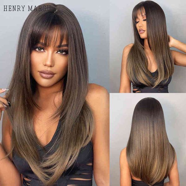 

synthetic wigs henry margu ombre dark black brown synthetic wigs with bangs layered hair wig for black women party cospaly heat resistant t2