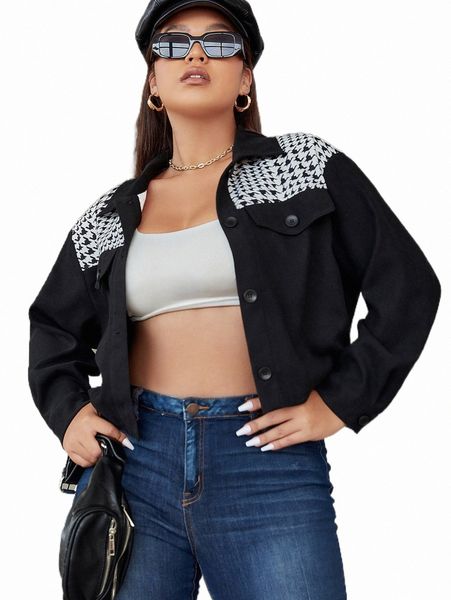 

plus size outerwear & coats plus houndstooth panel jacket 45k2#, Black