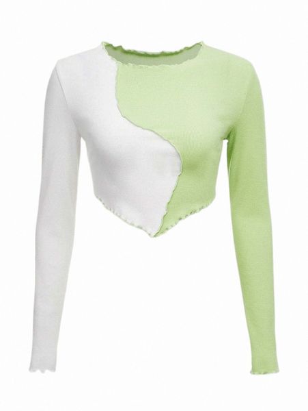 

women's t-shirt lettuce trim colorblock crop tee x8rj#, White