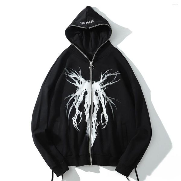 

men's hoodies lacible zipper jacket coat streetwear oversized hoodie dark gothic graffiti hip hop harajuku fleece sweatshirt men women, Black
