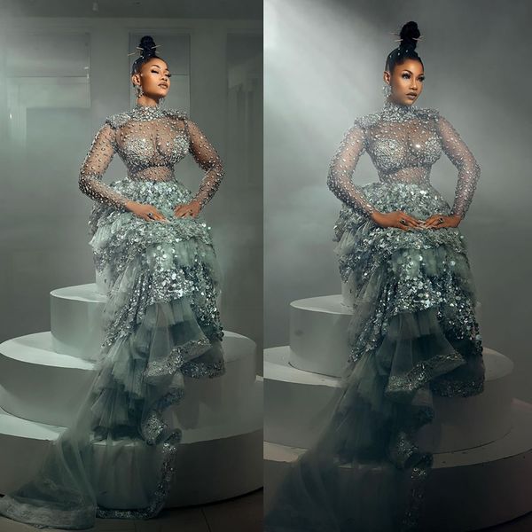 

luxurious crystal evening dresses sequined high neck full length prom dress new designed tulle puffy formal party gowns, Black;red