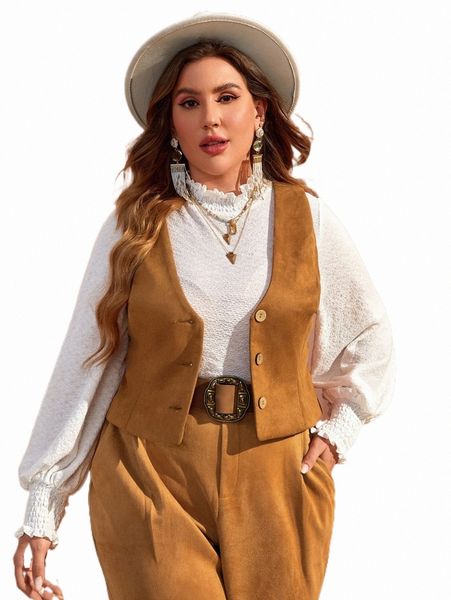 

plus size outerwear & coats plus button front suede vest jacket without blouse 65i2#, Black