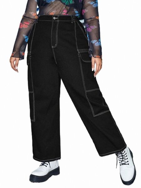 

women's jeans plus contrast stitch flap detail jeans 95bm#, Blue