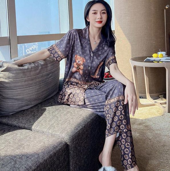 

designer silk pajamas sets home textile letters print casual women men couple short sleeve long pant cardigan sleepwear small sweet wind nig