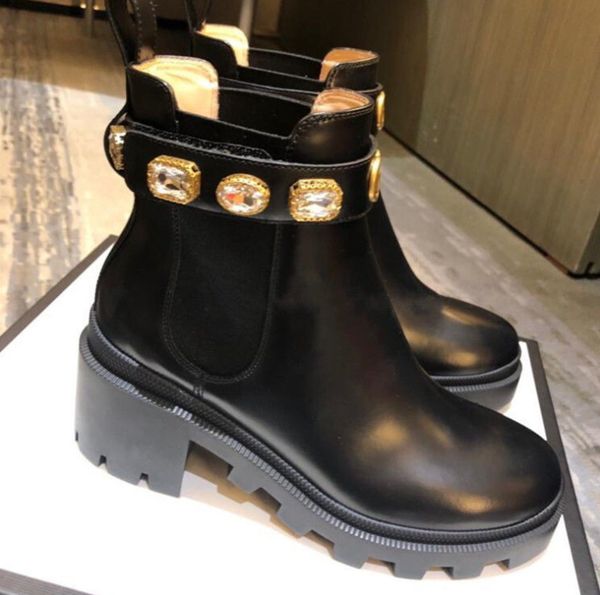 

martin boots short boots round head thick bottom pearl ring belt with fashionable new chelsea, Black