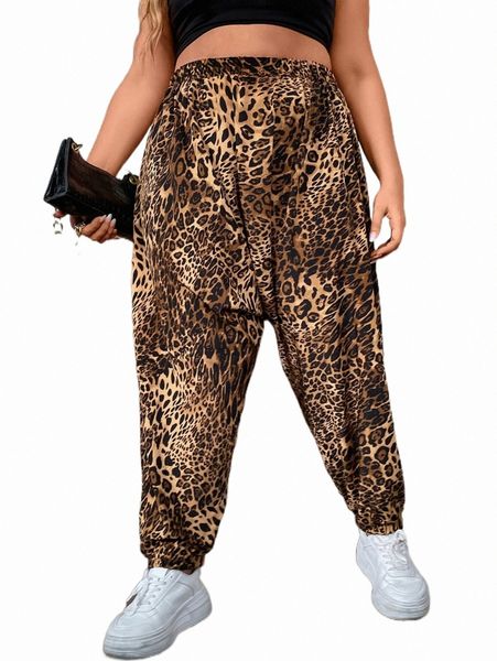 

plus size pants plus leopard print elastic waist pants g0lw#, Black