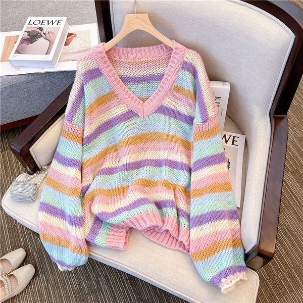 

8127 rainbow sweater woman lazy wind loose outside wearing gradient knit shirt tide japanese warm soft glutinous top, White;black