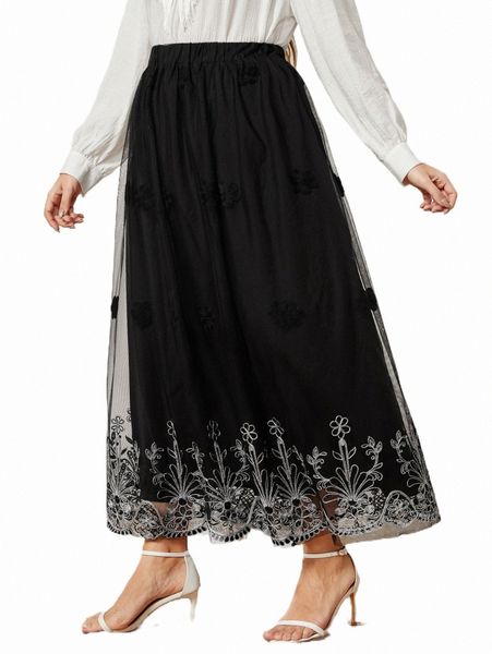 

plus size pants plus floral embroidery mesh overlay skirt m7io#, Black