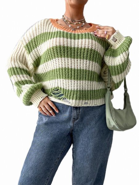 

plus size t-shirt plus colorblock drop shoulder ripped sweater j2ai#, Black