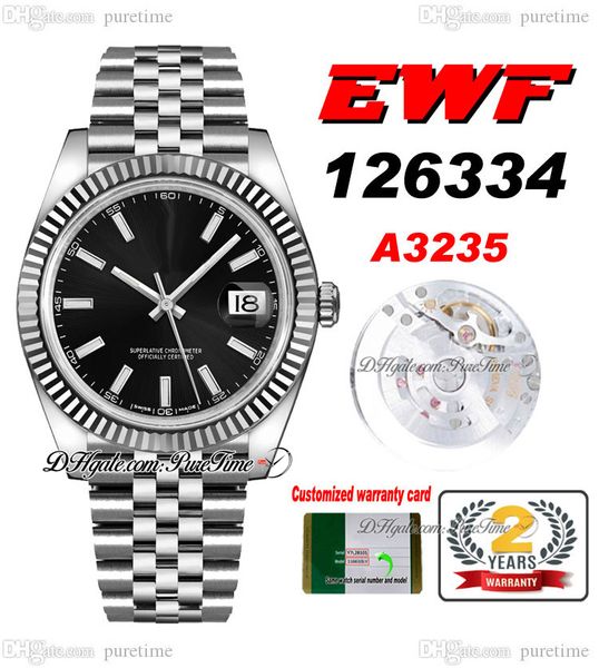 

ewf just 126334 a3235 automatic mens watch 41 fluted bezel black dial white stick markers jubileesteel bracelet super edition same series ca, Slivery;brown
