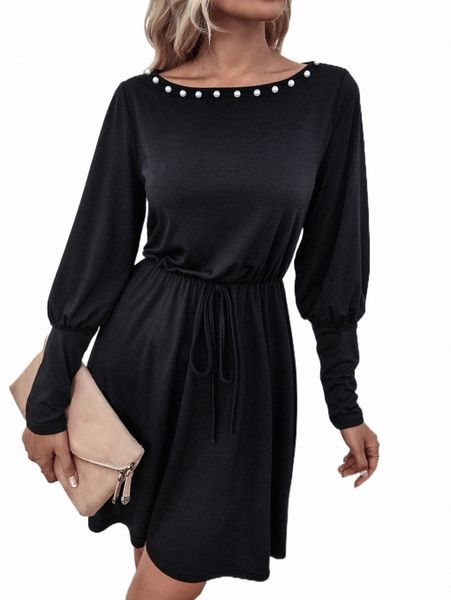 

casual dresses pearls beaded drawstring waist dress 90ec#, Black;gray