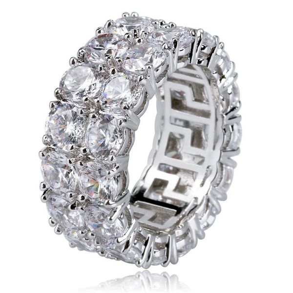

hip hop iced out copper gold silver color plated micro pave cz stone 2 row round ring men women charm jewelry3105