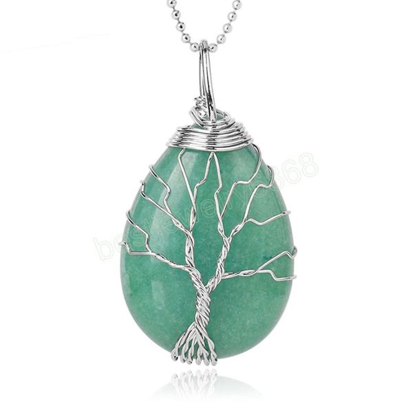 

tree of life crystals necklace pendant water drop natural stone necklaces wire wrap green aventurine stone jewelry, Silver