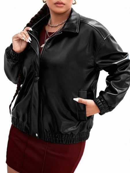 

plus size outerwear & coats plus zip up drop shoulder jacket 842l#, Black
