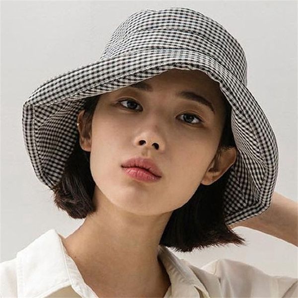 

caps hats summer wide brim checked girls bucket hat for women flodable sun beach visor hat for ladies cotton outdoor protection visor hat 22, Yellow