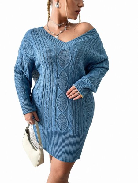 

plus size t-shirt plus cable knit drop shoulder sweater dress r8v6#, Black