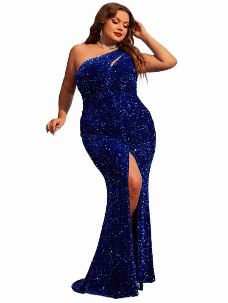 

plus size dresses plus one shoulder cut out split thigh sequin formal dress y3zq#, Black